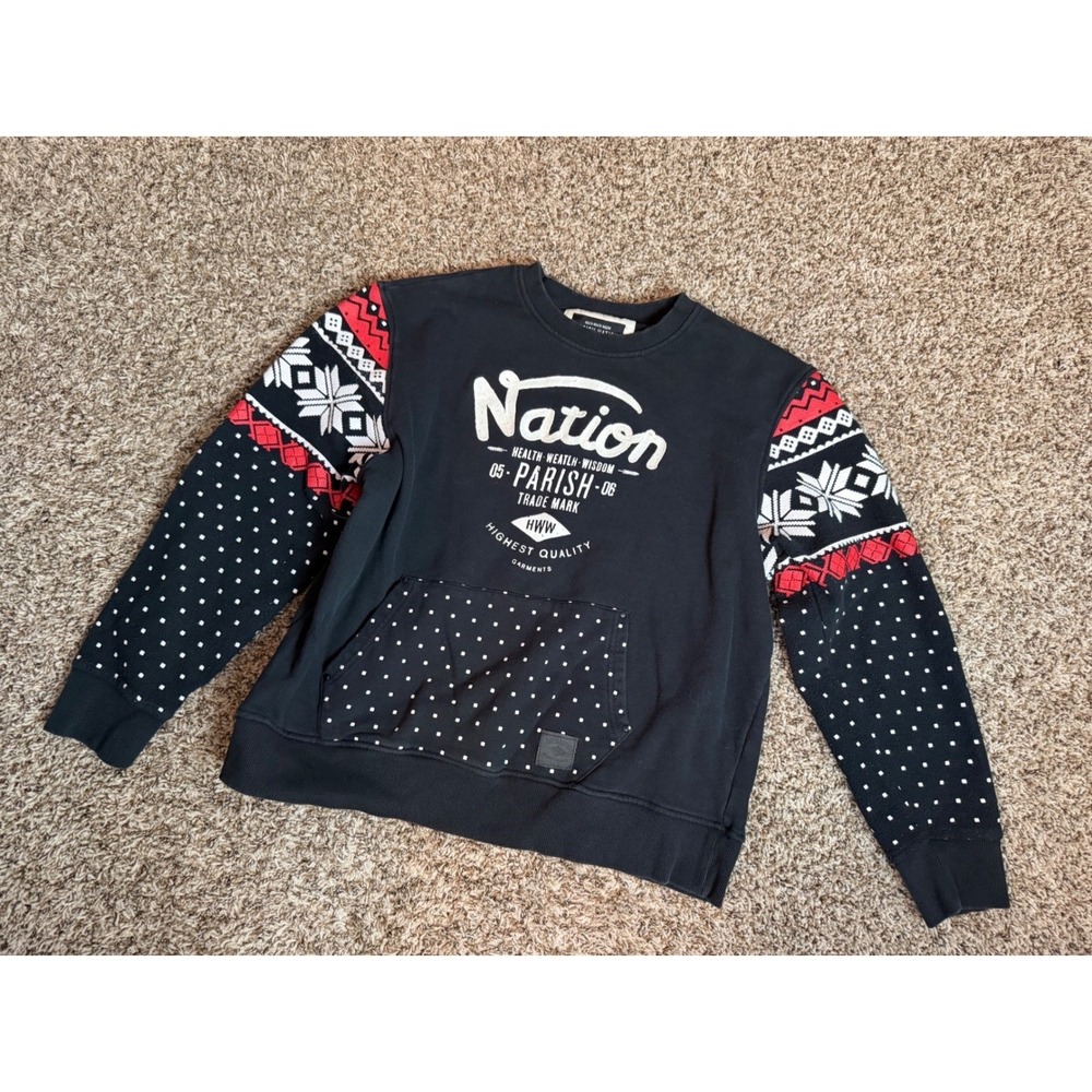 Parish Nation Mens 2X Large‎ Black Crewneck Sweatshirt Fair Isle Sleeve Pocket